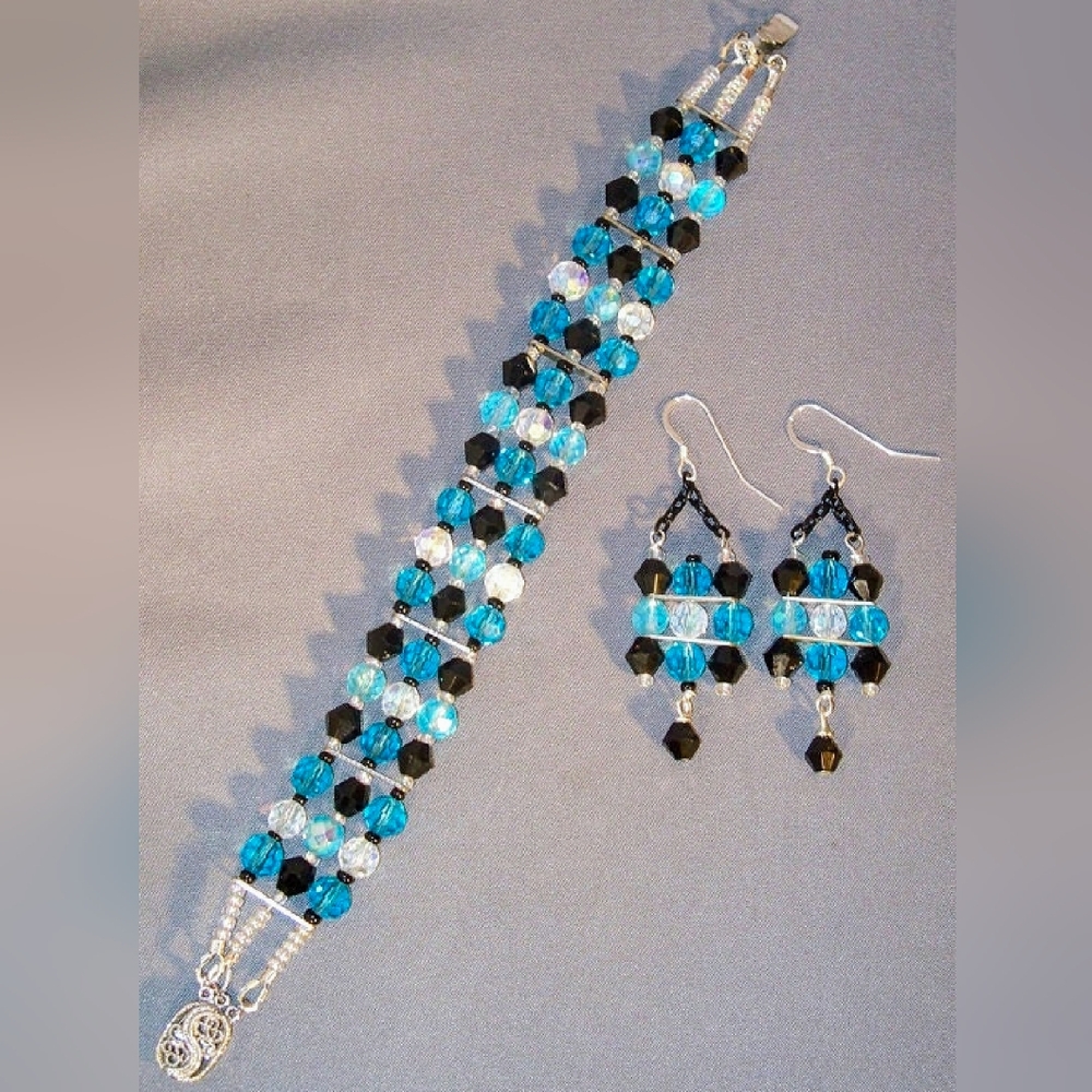 Turquoise, Crystal & Black with Silver Sparkling Crystal Bracelet & Earrings Set